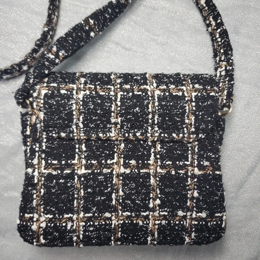 Black White Tan Plaid Tweed Crossbody Flap‎ Shoulder Purse Chic Old Money Woven